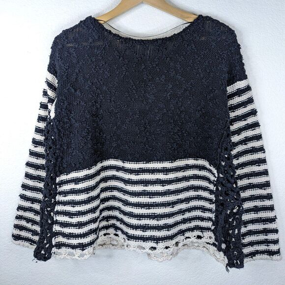 Free People Black French Creek Crochet Sweater Open Knit Boucle Stripe Small - Picture 3 of 8